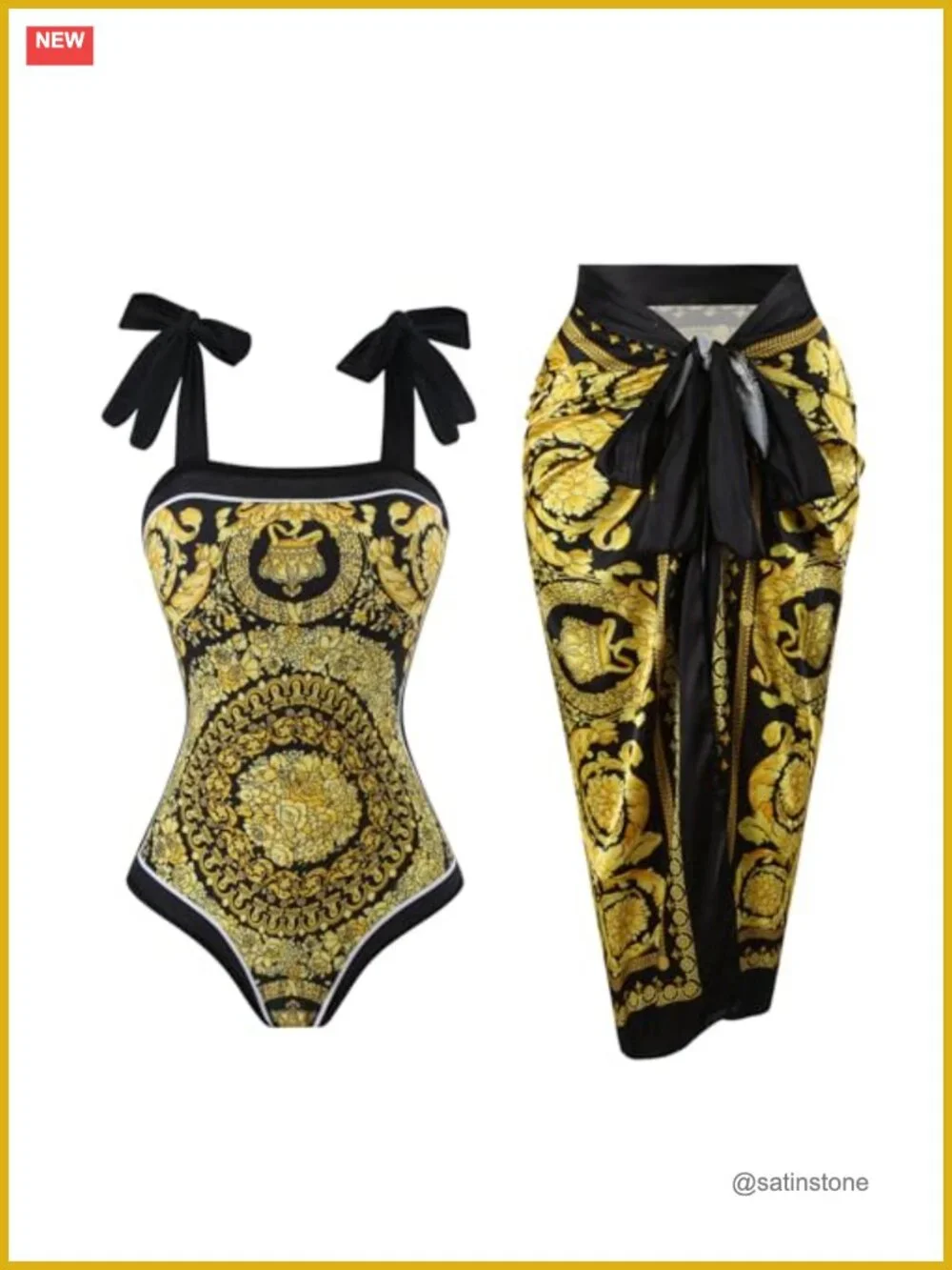 One Piece Swimsuit with Wrap Skirt Cover Up Retro Floral Print Bikini Set